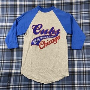 Chicago Cubs 2016 World Series Baseball 3/4 Sleeve Tee Blue Gray Adult Small
